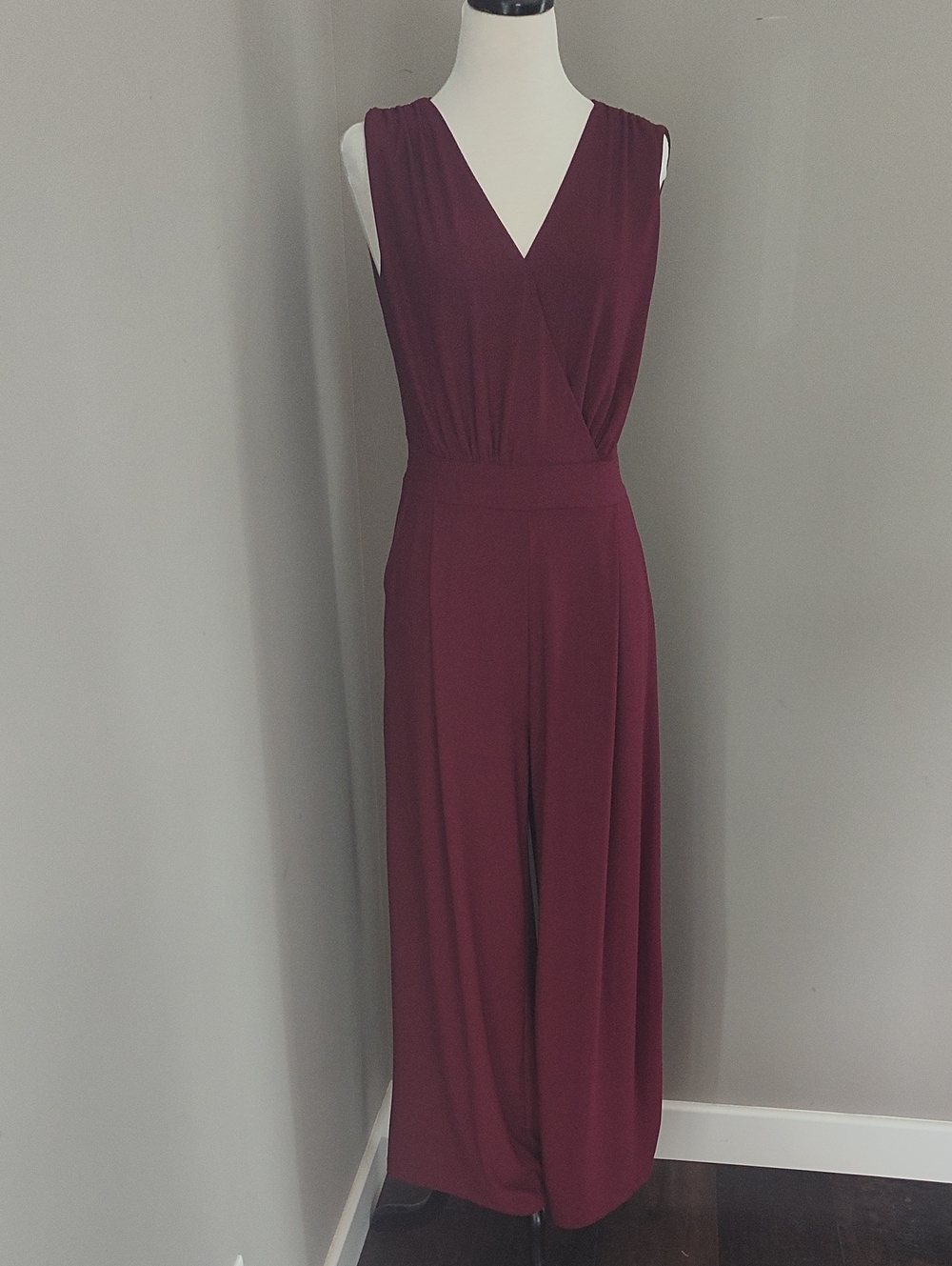 Sleeveless Crossover Wide-Leg Jumpsuit in Deep Wine With Belt & Zipper Closure